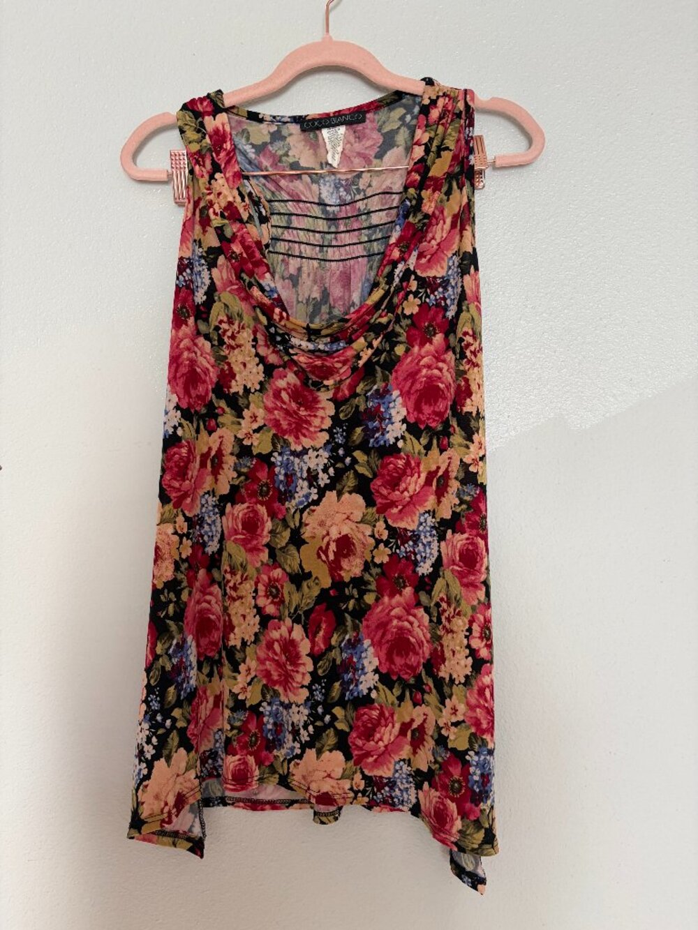 Coco Bianco | Vintage Rose Floral Cowl Neck Sleeveless Asymmetric Hem Tunic M